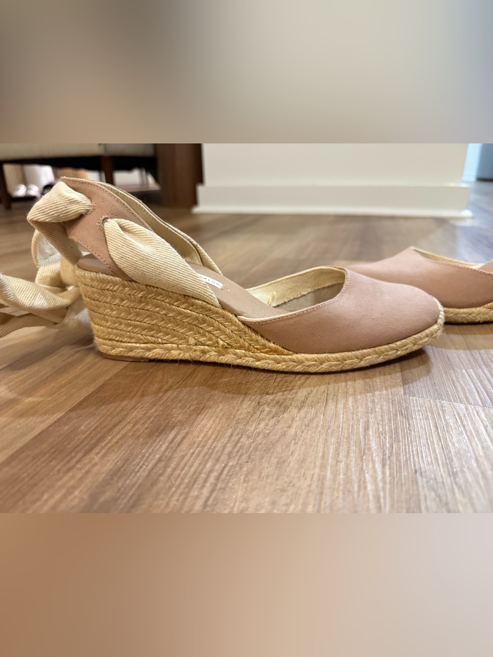 ZARA Taupe Canvas Espadrille Wedge Sandals with Ankle Wrap - Picture 3 of 9